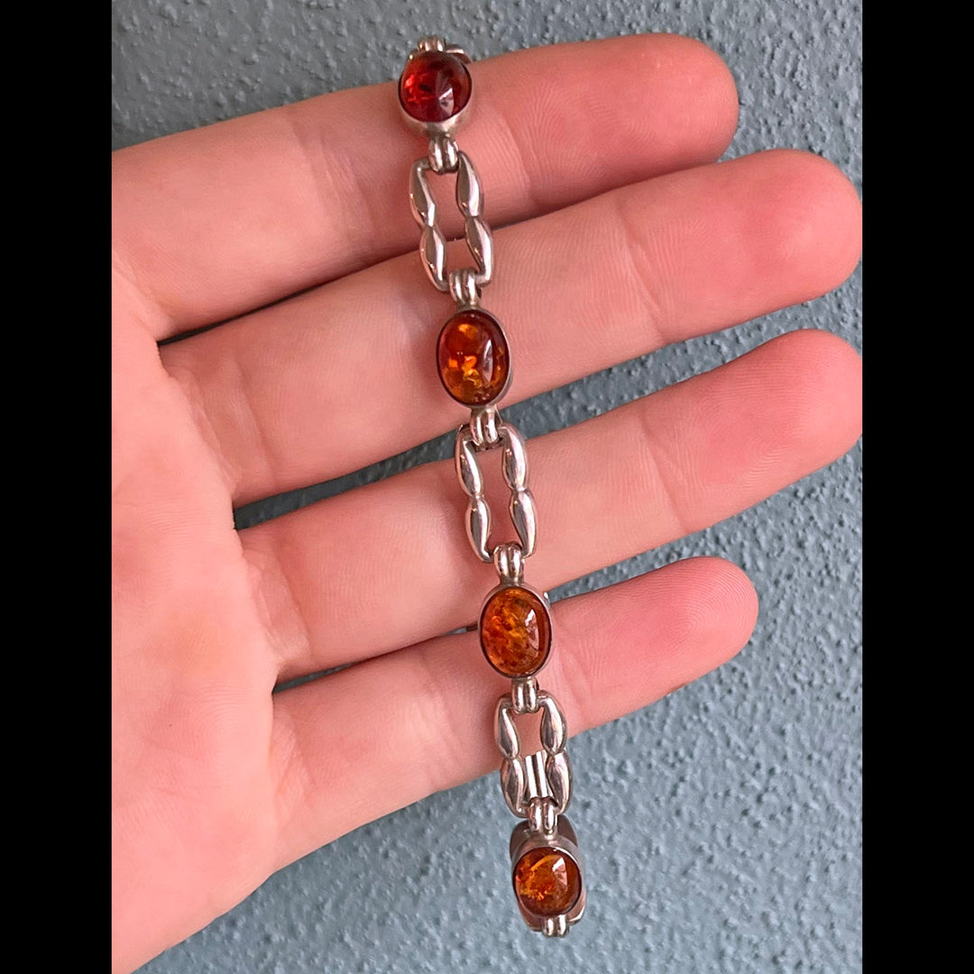 Vintage N.E. From Sterling Silver Amber Link Bracelet, Denmark 1986