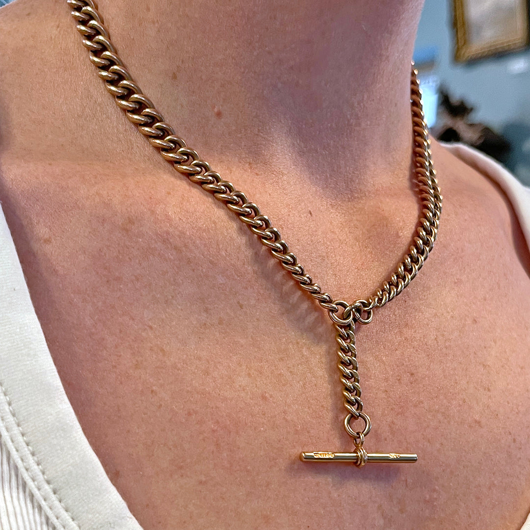 Victorian 9K Gold Curb Link Watch Chain Necklace