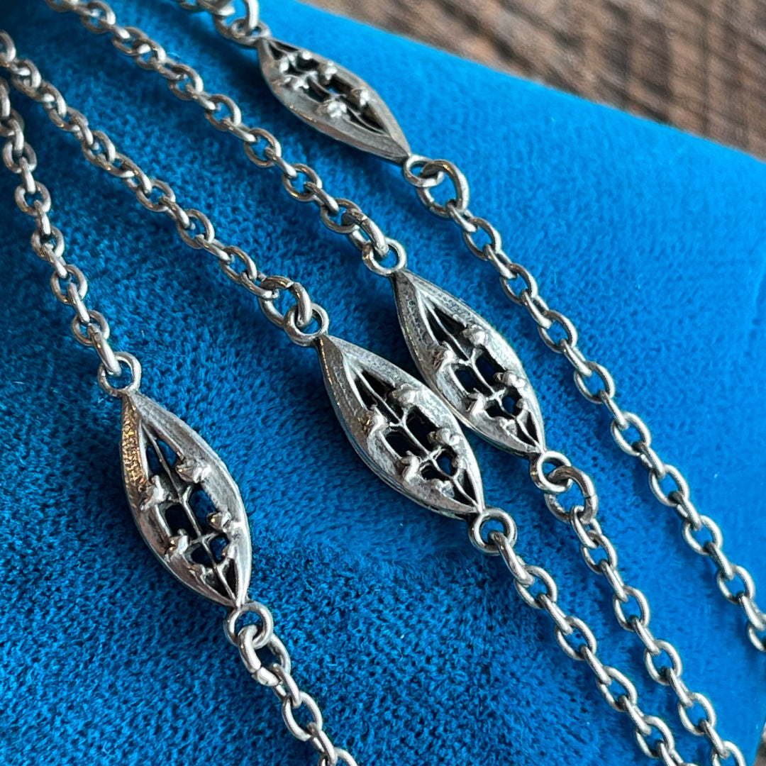 Antique French Art Nouveau Silver Station Chain with Lily of the Valley Motif