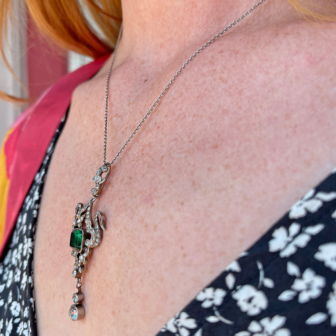 Austro-Hungarian Silver Pendant with Emerald-Green Paste and Swans, c. 1880