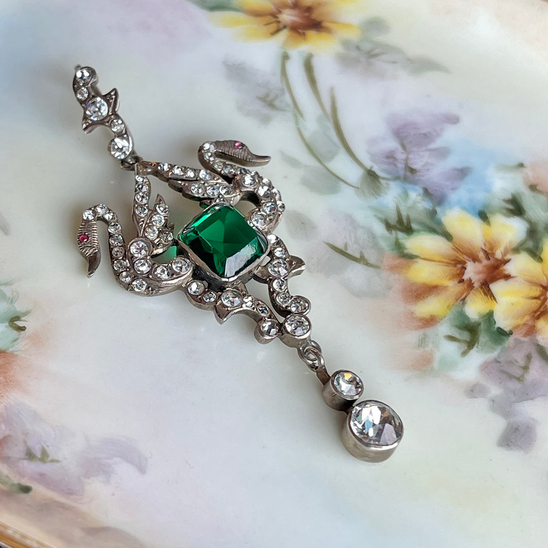 Austro-Hungarian Silver Pendant with Emerald-Green Paste and Swans, c. 1880