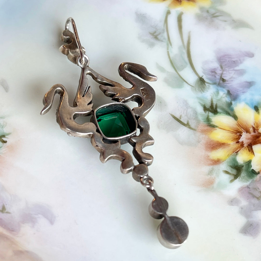 Austro-Hungarian Silver Pendant with Emerald-Green Paste and Swans, c. 1880