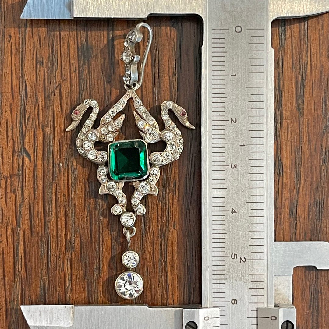 Austro-Hungarian Silver Pendant with Emerald-Green Paste and Swans, c. 1880