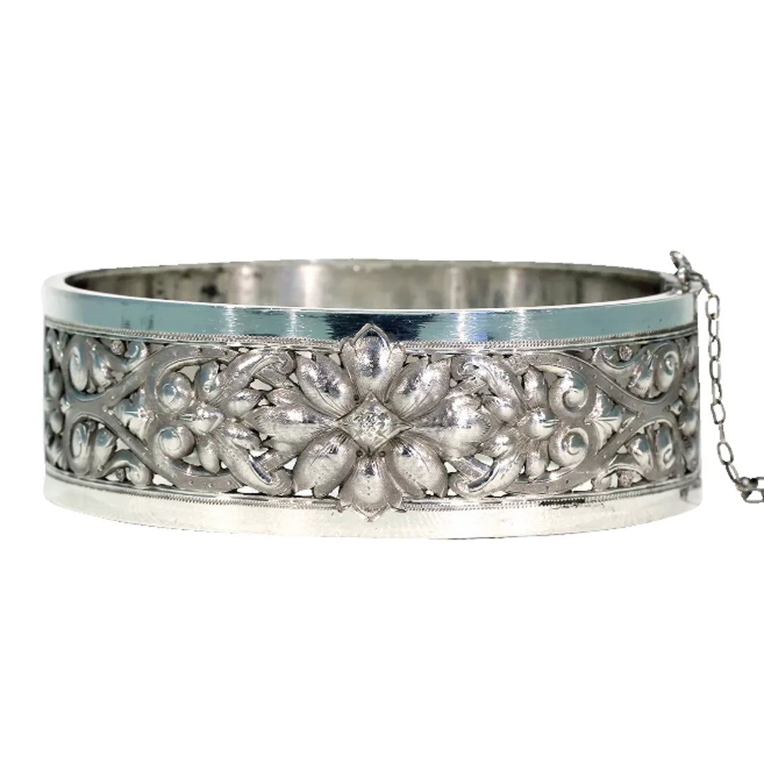 Antique French Repoussed Floral Silver Bangle