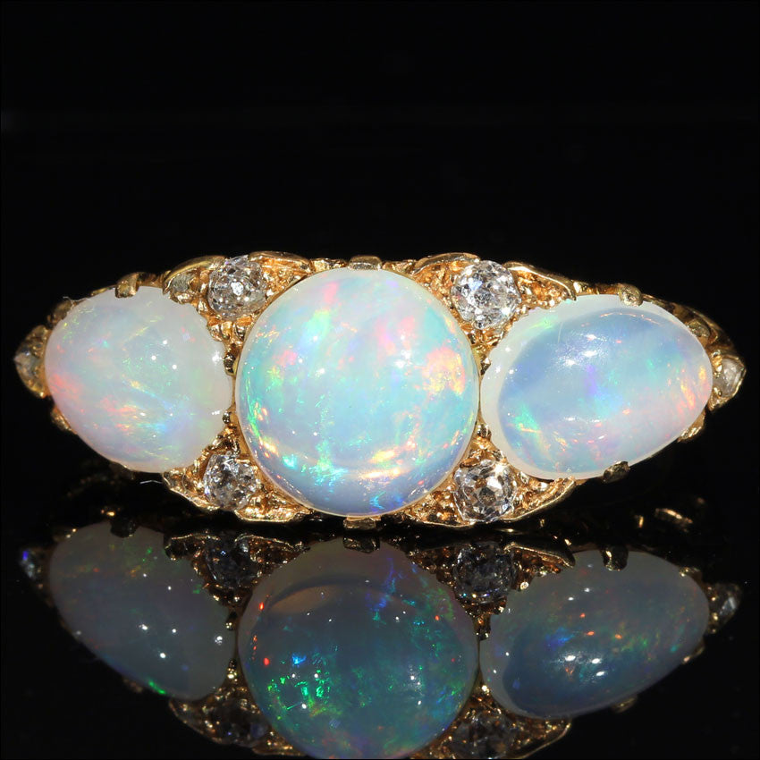 Antique Edwardian 3 Stone Opal and Diamond Ring in 18k Gold