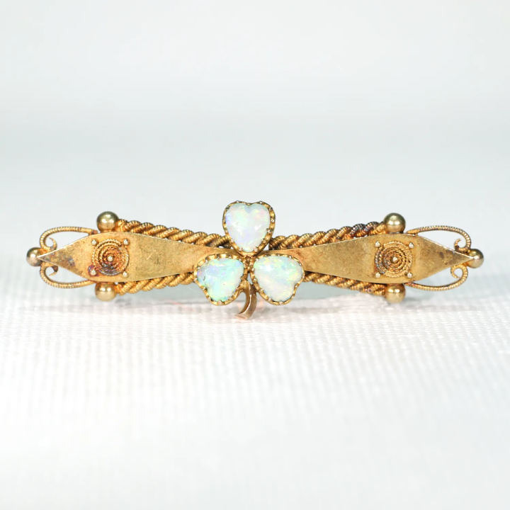 15k Gold Victorian Opal Brooch Pin Clover Leaf Lucky