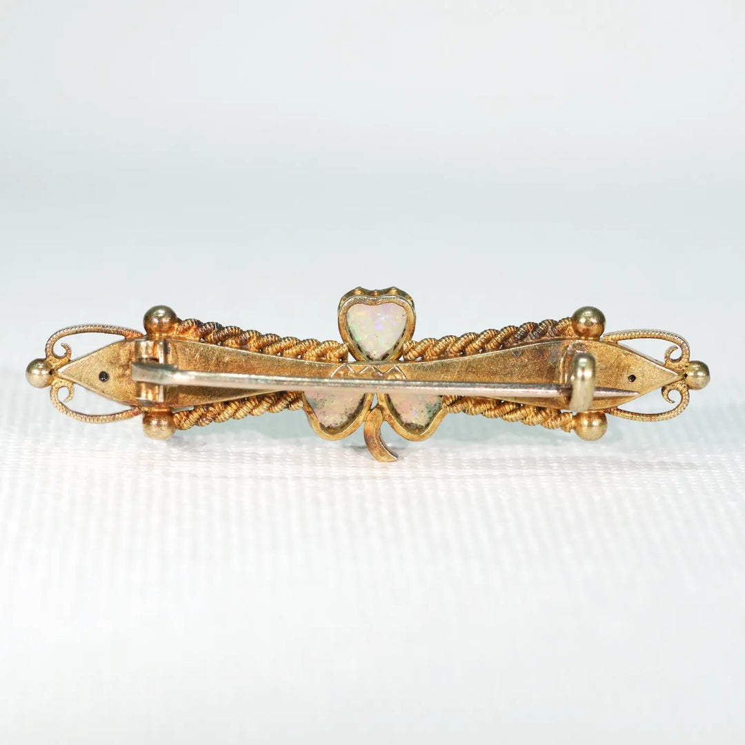 15k Gold Victorian Opal Brooch Pin Clover Leaf Lucky