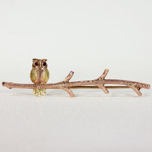 Vintage Owl on Branch Brooch Pin Two Tone Gold Garnet