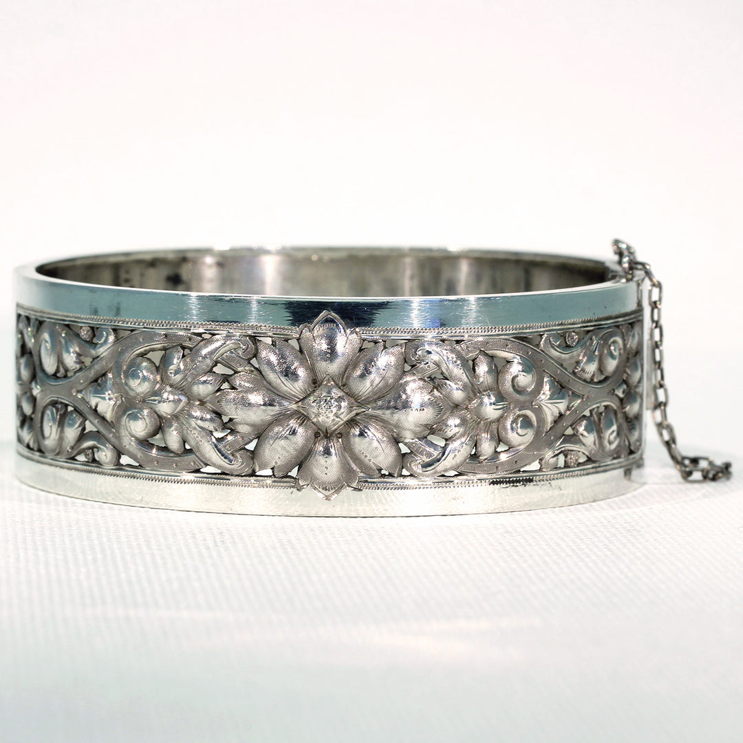 Antique French Repoussed Floral Silver Bangle