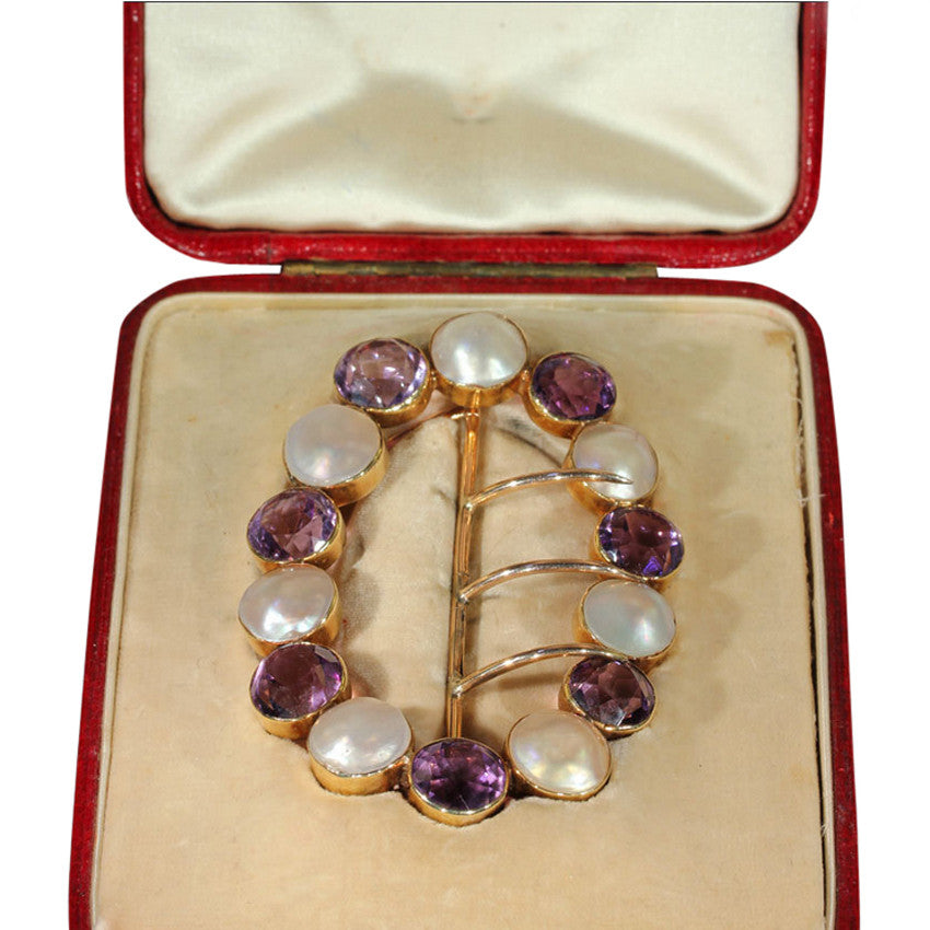 Antique Arts & Crafts Era Buckle or Sash Pin, 15k Gold with Amethyst and Blister Pearl