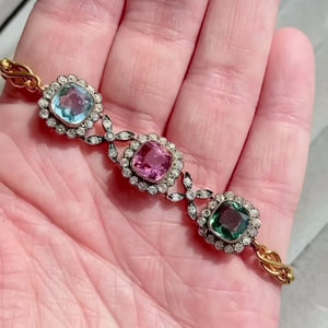 Late Victorian Gemstone Diamond Bracelet 18k Gold Tourmaline Aquamarine