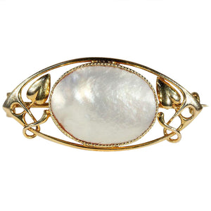 Antique Murrle Bennett & Co. Arts & Crafts Art Nouveau Mother of Pearl and 15k Gold Brooch Pin