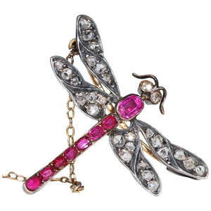 Art Nouveau French Ruby Diamond Dragonfly Brooch