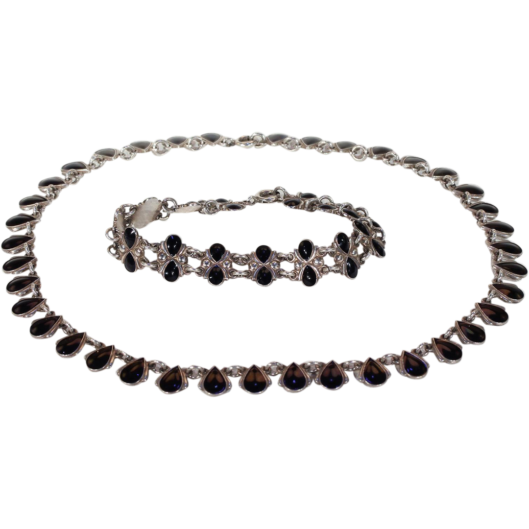 Vintage Danish Necklace and Bracelet by Volmer Bahner Silver Black Enamel