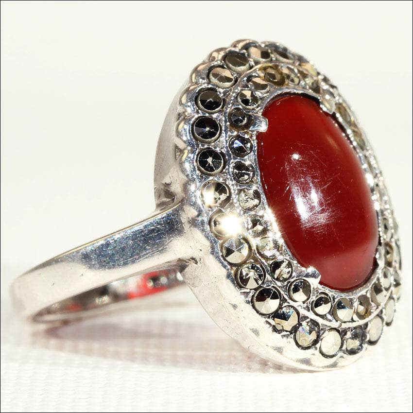 Vintage Art Deco Silver Carnelian and Marcasite Ring c.1920