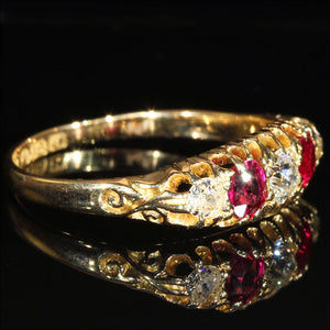 Antique 5 Stone Ruby and Diamond Ring in 18k Gold, Edwardian