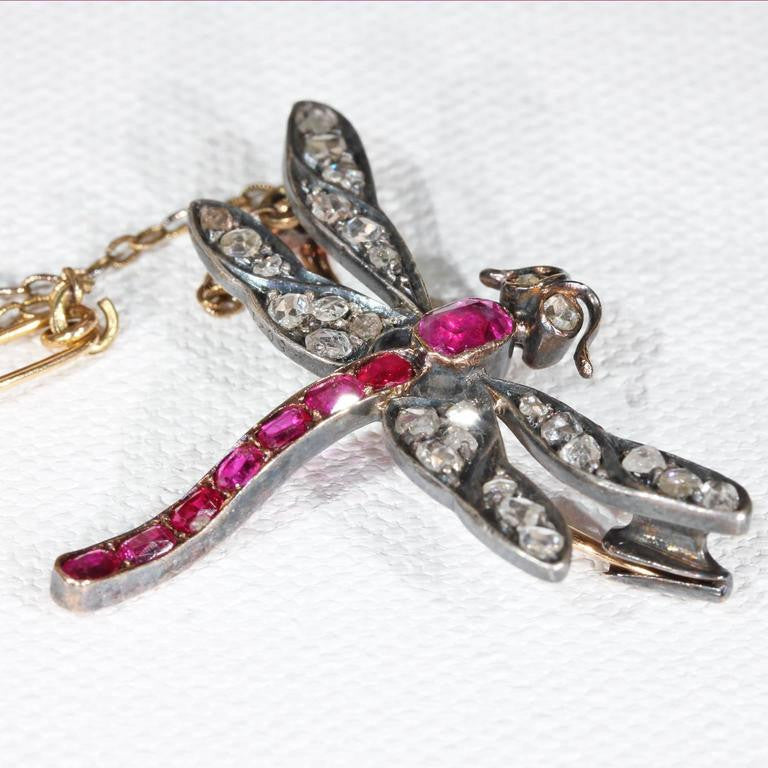 Art Nouveau French Ruby Diamond Dragonfly Brooch