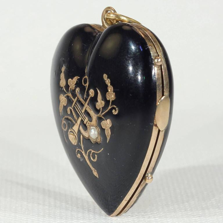 Victorian Black Enamel Gold Locket Pearl Trumpet Lyre