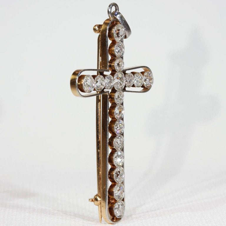 Edwardian European Cut Diamond Cross Pendant Brooch