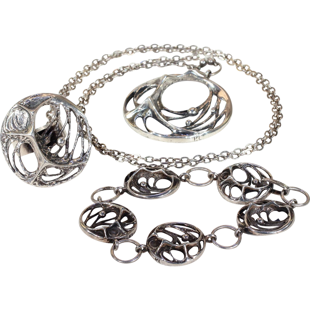 Vintage Sten & Karl Laine Spider Web Bracelet Necklace Ring Set Silver