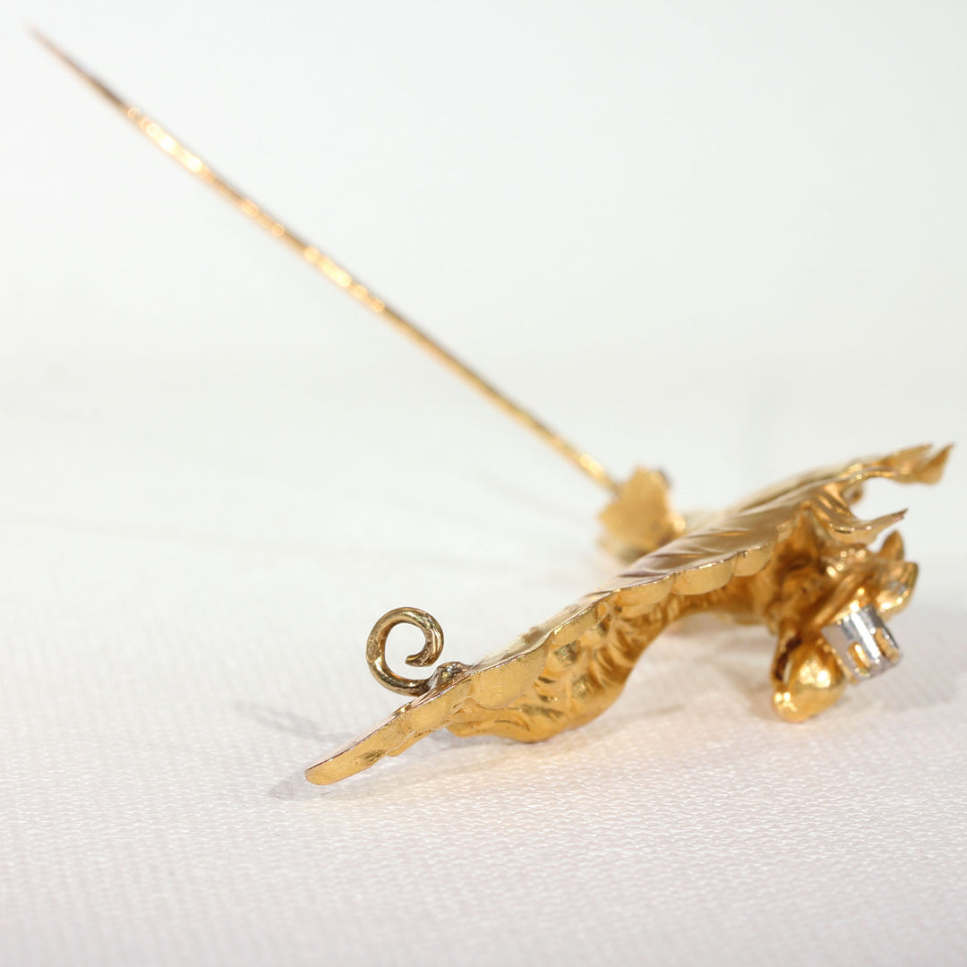 French Griffin Rose Cut Diamond Gold Brooch Pin