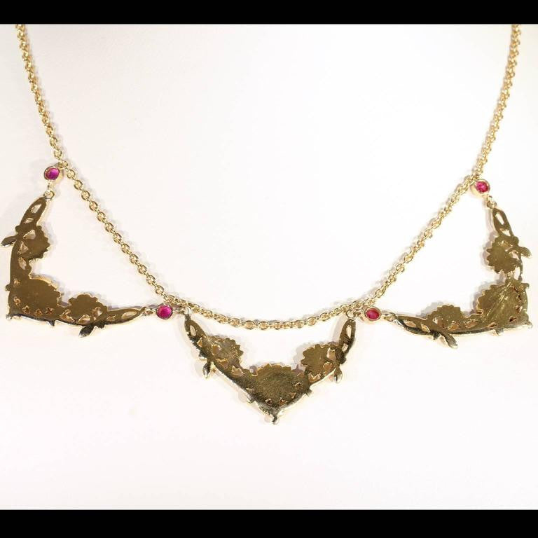Art Nouveau Ruby Gold Necklace French Floral