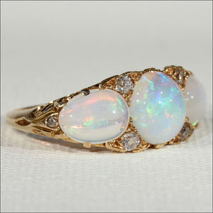 Antique Edwardian 3 Stone Opal and Diamond Ring in 18k Gold