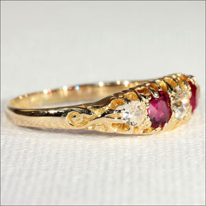 Antique 5 Stone Ruby and Diamond Ring in 18k Gold, Edwardian