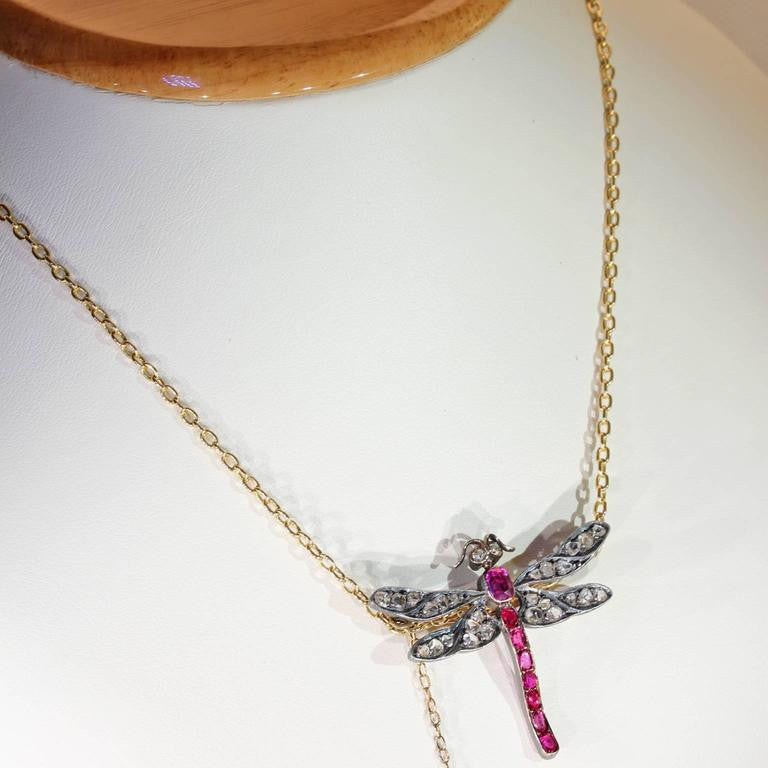 Art Nouveau French Ruby Diamond Dragonfly Brooch