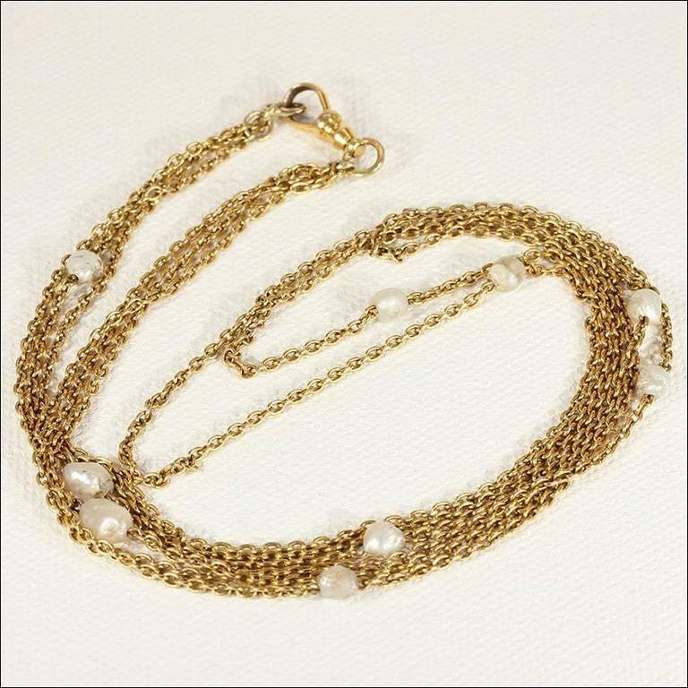 Victorian Pearl Triple Chain 14k Gold Necklace