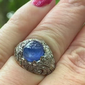 Stunning Natural Ceylon Sapphire Diamond Dome Ring Art Deco