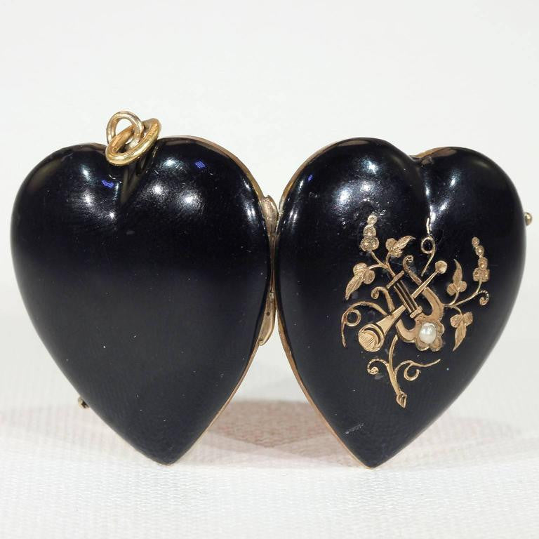 Victorian Black Enamel Gold Locket Pearl Trumpet Lyre