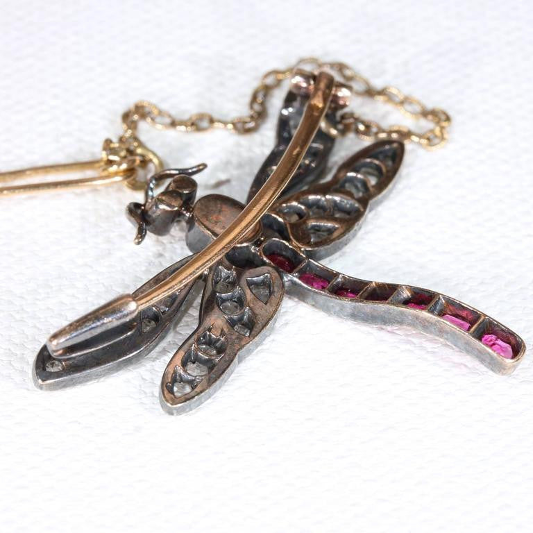 Art Nouveau French Ruby Diamond Dragonfly Brooch