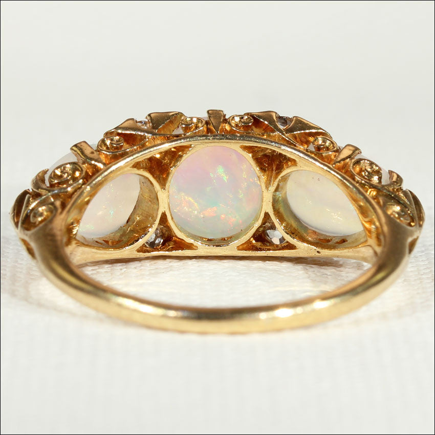 Antique Edwardian 3 Stone Opal and Diamond Ring in 18k Gold