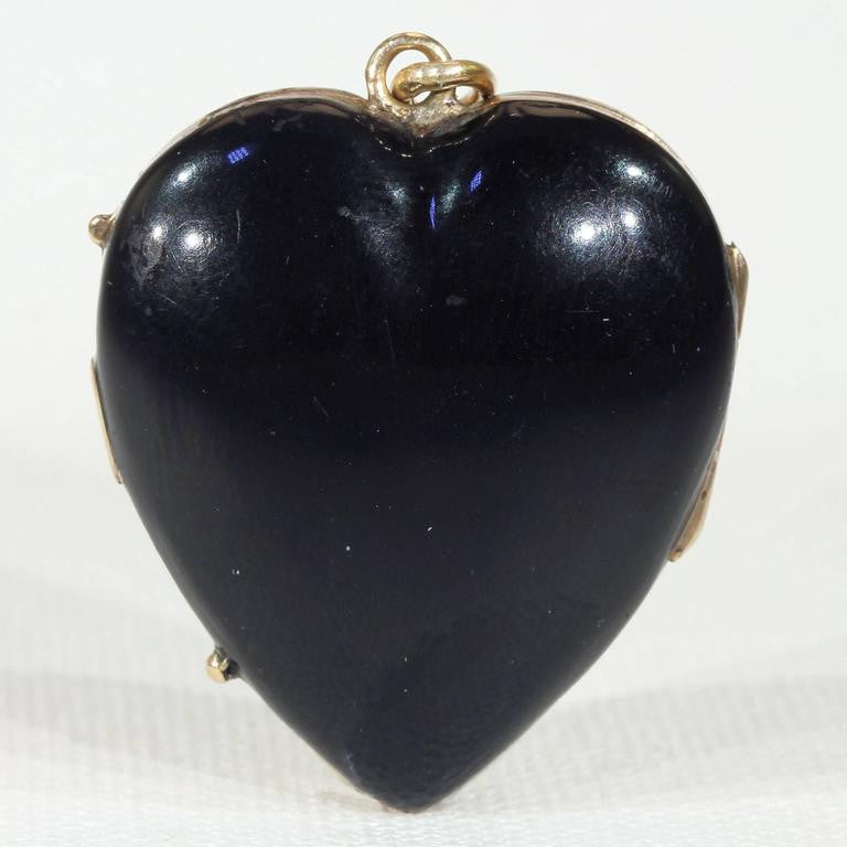 Victorian Black Enamel Gold Locket Pearl Trumpet Lyre