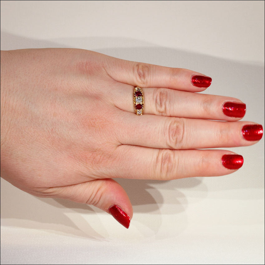Antique 5 Stone Ruby and Diamond Ring in 18k Gold, Edwardian