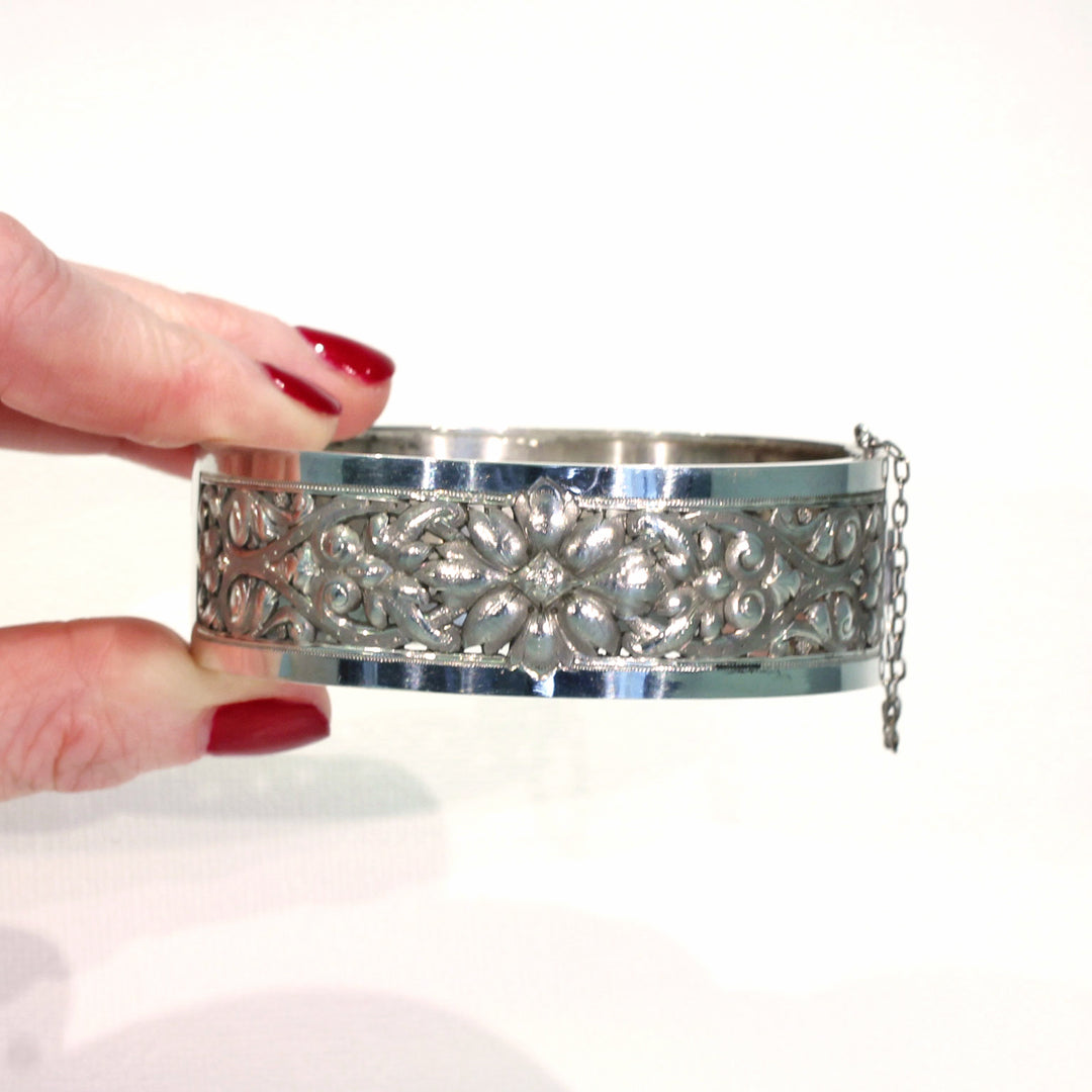 Antique French Repoussed Floral Silver Bangle