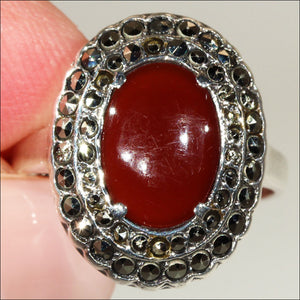 Vintage Art Deco Silver Carnelian and Marcasite Ring c.1920