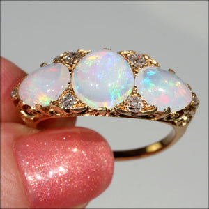 Antique Edwardian 3 Stone Opal and Diamond Ring in 18k Gold