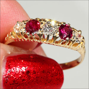 Antique 5 Stone Ruby and Diamond Ring in 18k Gold, Edwardian