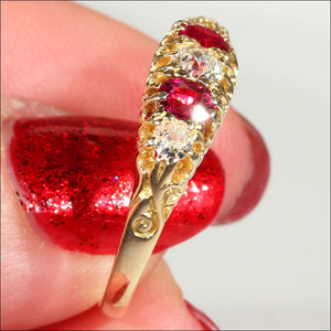 Antique 5 Stone Ruby and Diamond Ring in 18k Gold, Edwardian