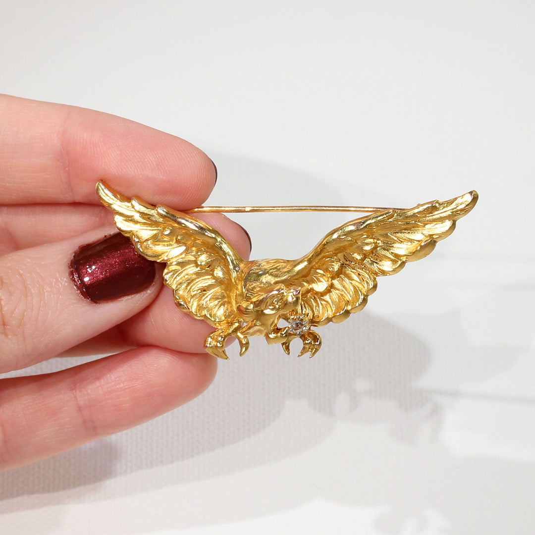 French Griffin Rose Cut Diamond Gold Brooch Pin