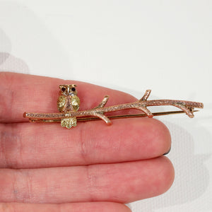 Vintage Owl on Branch Brooch Pin Two Tone Gold Garnet