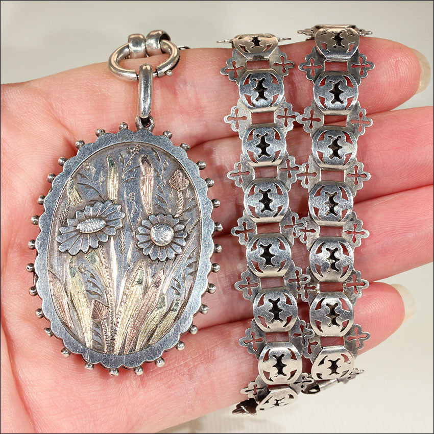 Antique Victorian Collar and Locket with Flowers and Gold Accents