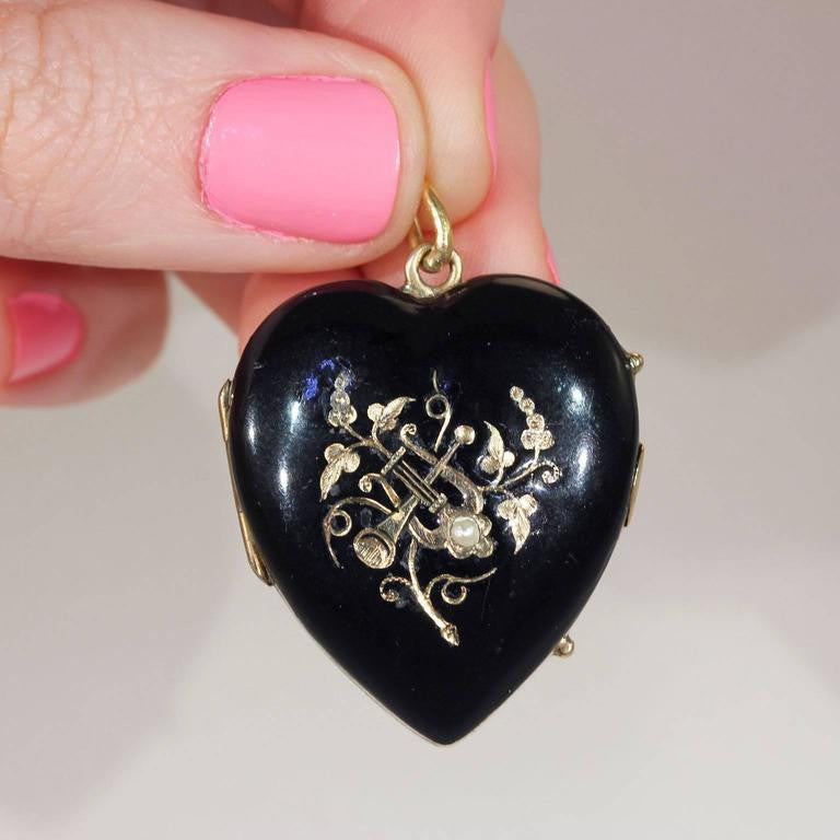 Victorian Black Enamel Gold Locket Pearl Trumpet Lyre