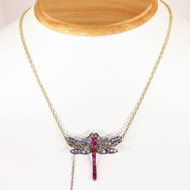 Art Nouveau French Ruby Diamond Dragonfly Brooch