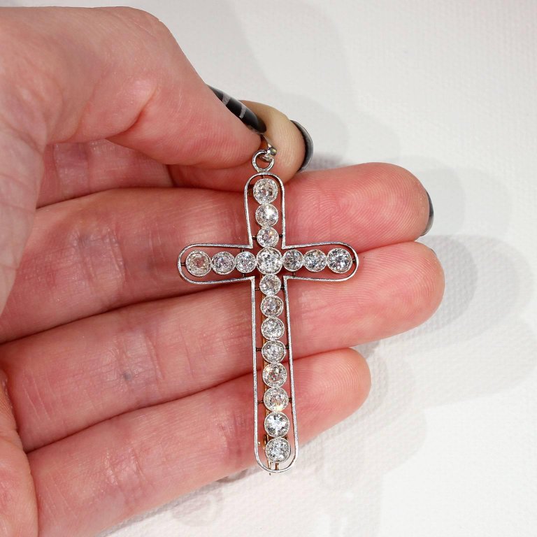 Edwardian European Cut Diamond Cross Pendant Brooch