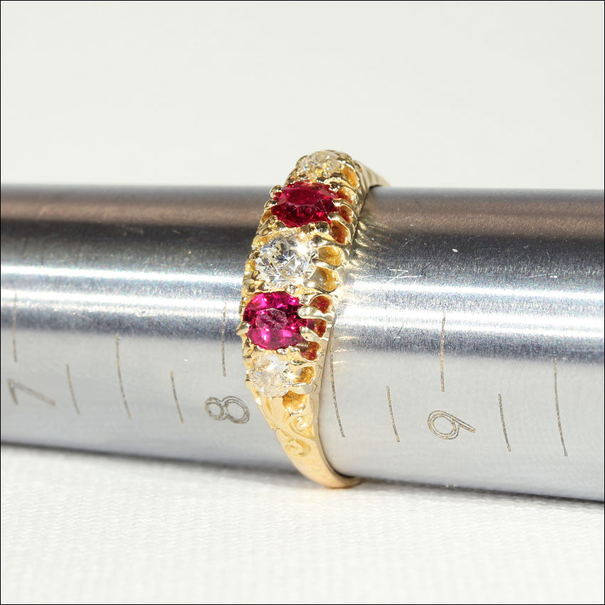 Antique 5 Stone Ruby and Diamond Ring in 18k Gold, Edwardian