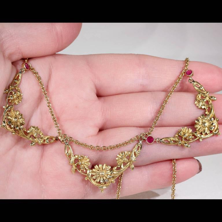 Art Nouveau Ruby Gold Necklace French Floral