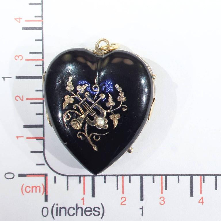Victorian Black Enamel Gold Locket Pearl Trumpet Lyre